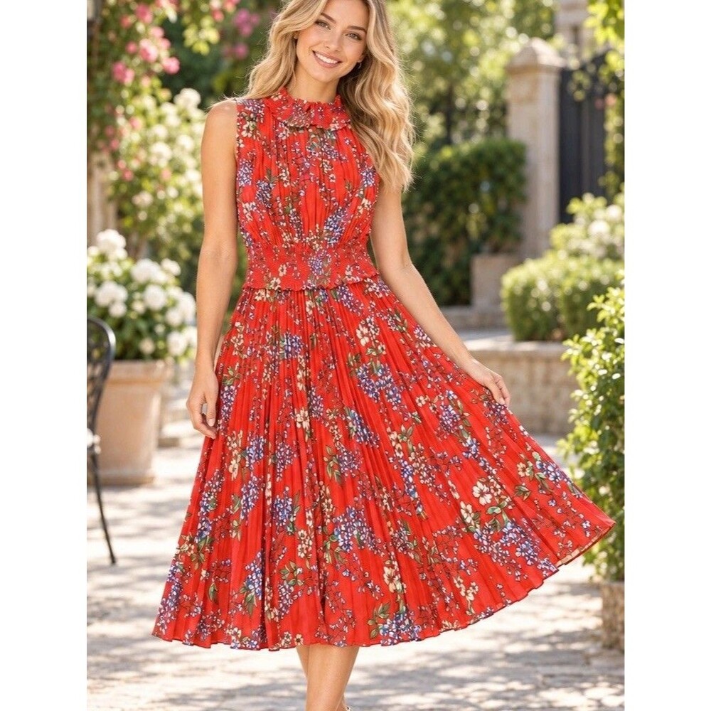 Nanette Lepore Floral Smocked Pleated Dress in Red/Yellow/Blue/White Sz 6